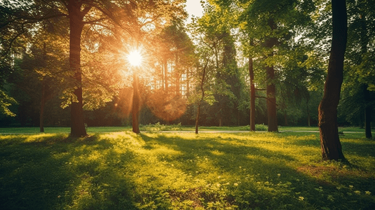 公园的阳光束与绿色草树林