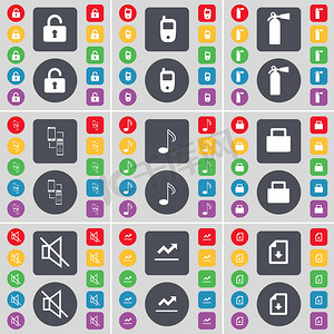 锁，手机，灭火器，连接，注意，锁，静音，图形，文件图标符号。