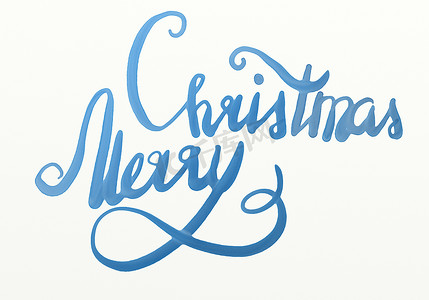 圣诞快乐手绘蓝色水彩刻字