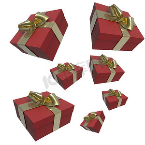 五颜六色和条纹的红色盒子，上面有礼物，在白色背景上系着蝴蝶结。 
