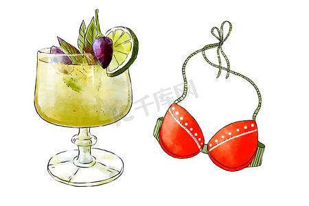 Colorfu 手绘插图美味的新鲜水果冰沙和沙滩泳装的上衣。