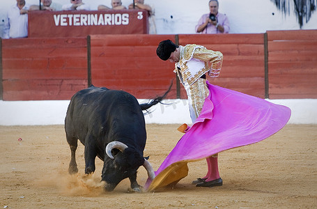 2011 年 9 月 9 日，西班牙哈恩省萨比奥特，西班牙斗牛士何塞·卡洛斯·贝内加斯带着斗篷在萨比奥特斗牛场