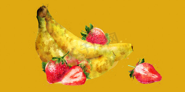 水彩画香蕉摄影照片_在黄色背景上的香蕉和草莓。