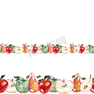 在白色背景上用手绘苹果和梨重复水平边框设计。
