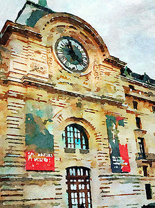 秋天巴黎市中心一座历史建筑正面的古董钟