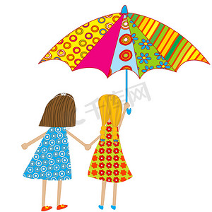 儿童手绘卡通背景摄影照片_两个拿着雨伞的卡通女孩