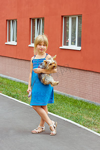 女孩在高层建筑附近抱着约克夏犬 6 岁