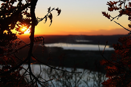 天空和树枝摄影照片_日落时背景中没有叶子和湖泊的树枝