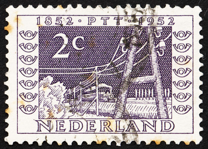 盛世华诞72摄影照片_邮票荷兰 1952 年电线杆和 1852 年的火车