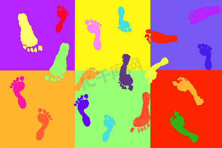 孩子们在彩色积木图案上留下的实际脚印；
