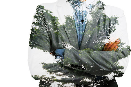 大树创意摄影照片_以大树和树叶为生意的商人的双重曝光
