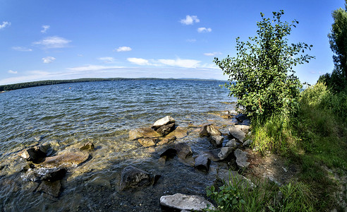 繁茂的树木摄影照片_湖和蓝天背景的树木繁茂的岸，鱼眼