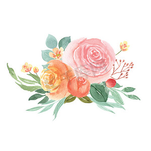 手绘水彩花卉背景摄影照片_水彩花卉手绘花束郁郁葱葱的花朵 llustration 复古风格水彩画隔离在白色背景。