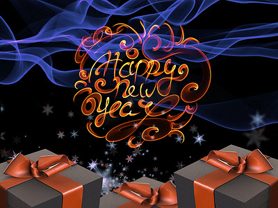 五颜六色和条纹的盒子，里面装着礼物，在黑暗的抽象空间背景上系着蝴蝶结，上面写着火写的新年快乐字样。