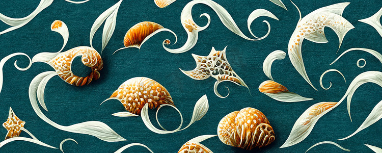 海洋波浪摄影照片_在带有贝壳和波浪的海洋主题织物上绘画