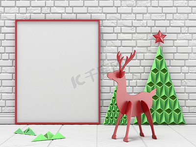绿色画框摄影照片_模拟空白画框、圣诞装饰和驯鹿 w
