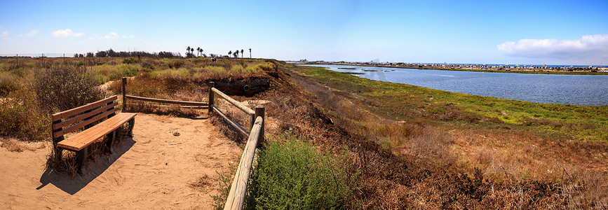 俯瞰 Bolsa Chica 宁静祥和的沼泽的长凳