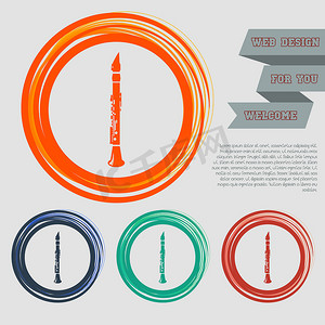红色、蓝色、绿色、橙色按钮上的单簧管图标为您的网站和带有空格文本的设计。