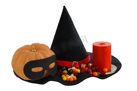 万圣节糖果，边缘有蜡烛和南瓜，女巫帽 iso