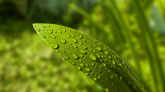 大雨水摄影照片_绿色的绿叶上大滴美丽的透明雨水。