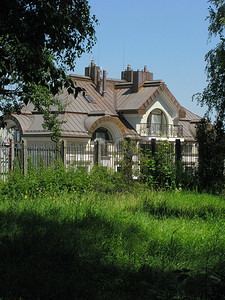 坚固的房子在铁栅栏后面，有栅栏，有一个小阳台，栅栏附近长着绿草。