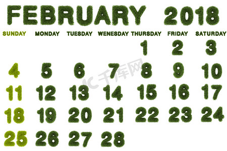 2018 年 2 月在白色背景上的日历，3d 渲染 gree
