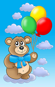 丝带气球摄影照片_蓝天上有彩色气球的泰迪熊。