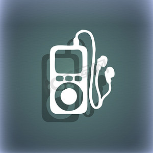 MP3 播放器、耳机、蓝绿色抽象背景上的音乐图标符号，带有文本的阴影和空间。
