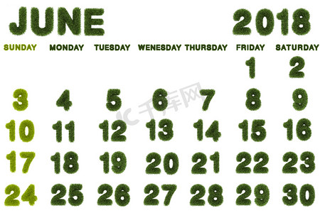 2018 年 6 月在白色背景上的日历，3d 渲染绿色 gr