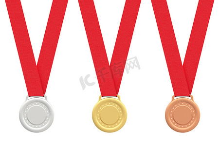 金色荣誉徽章摄影照片_在白色的金牌、银牌和铜牌