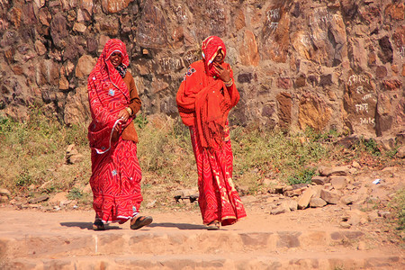 “穿着五颜六色纱丽的印度妇女走在印第的伦腾博尔堡”