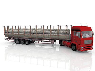 大货车司机摄影照片_白色背景下木材的卡车运输