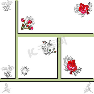 带有红玫瑰和黑甜豌豆剪影的花卉卡片模板