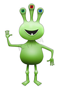外星人摄影照片_挥手的绿色三眼外星人