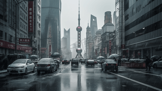 上海雨雪天气城市建筑全景