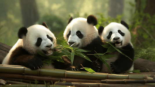 插画亭台摄影照片_竹林里有一群国宝大熊猫在玩耍