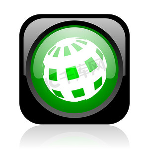 地球黑色和绿色方形 web 光泽图标