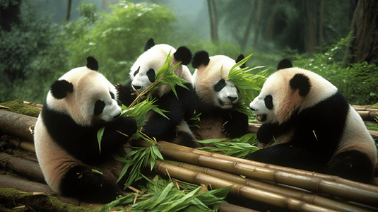 芭蕉叶插画插画摄影照片_竹林里有一群国宝大熊猫在玩耍