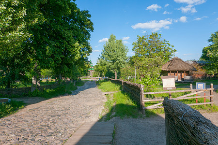 一条古老的乡村街道，道路铺有鹅卵石，木屋矗立在院子里，院子里用篱笆围起来，附近长着高大的树木。