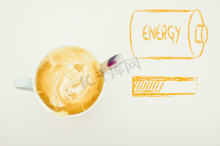 一杯带能量进度条和电池的咖啡