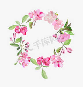竖版邀请函摄影照片_花圈与盛开的粉红色樱桃和苹果树花