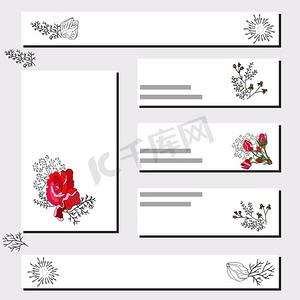 带有红玫瑰和黑玫瑰剪影的花卉卡片模板。