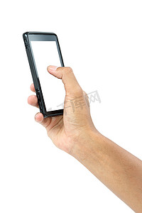 男性手触摸与剪裁 p 隔离的移动智能手机