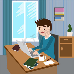 平面设计现代插画生活方式概念的英俊男子穿着休闲 T 恤坐在办公桌前，在办公室的笔记本电脑上工作。