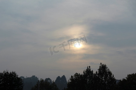 雾霾天摄影照片_雾天云后的太阳在树的轮廓上