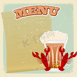 复古邀请函背景摄影照片_啤酒和小龙虾的复古标志。 
