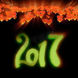 新年快乐3摄影照片_新年快乐 2017 孤立数字写在黑暗散景背景和红色飞心 3d 插图