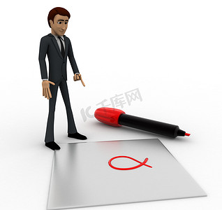 3d 人用红色记号笔和交叉标记在纸上的概念