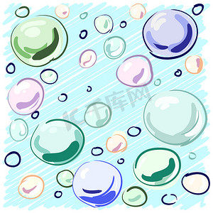 蓝色背景手绘摄影照片_手绘在蓝色背景上的彩色肥皂泡，供您设计。