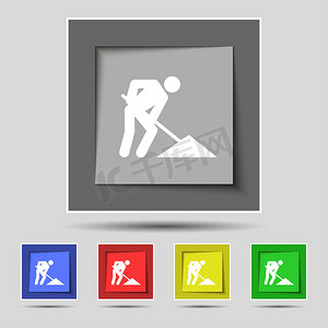 注意安全标摄影照片_修路，施工工作图标标志在原始的五个彩色按钮上。